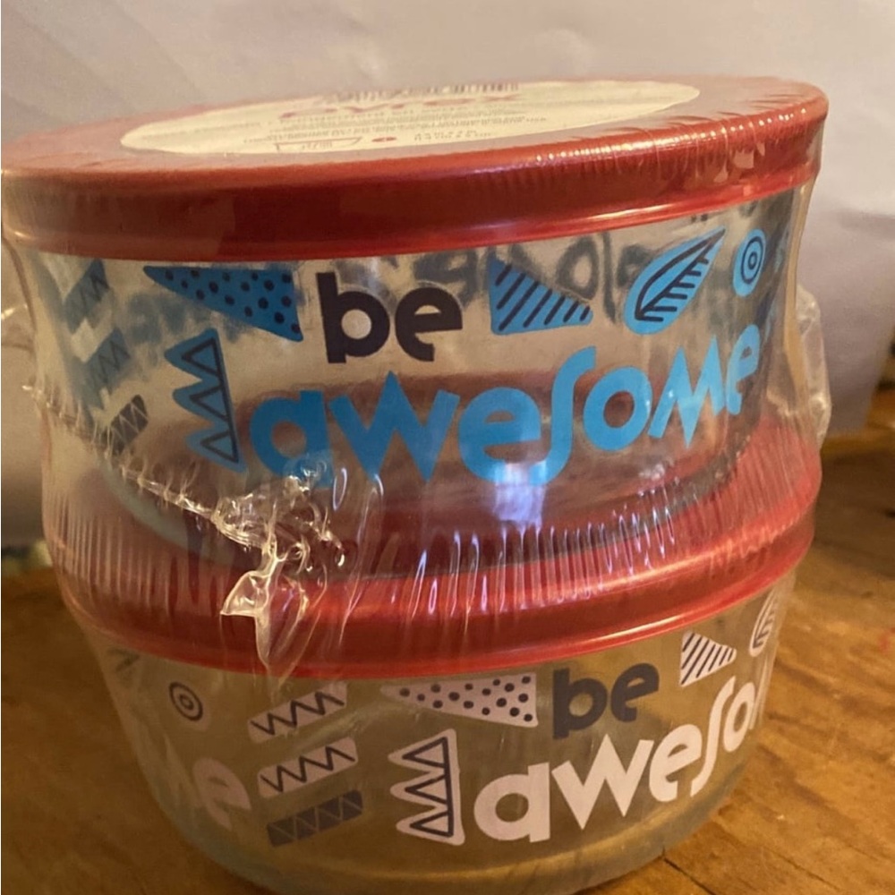 Pyrex Red and blue “be awesome” Glass Storage bowls